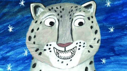 A hand drawn image of a snow leopards head on a blue background